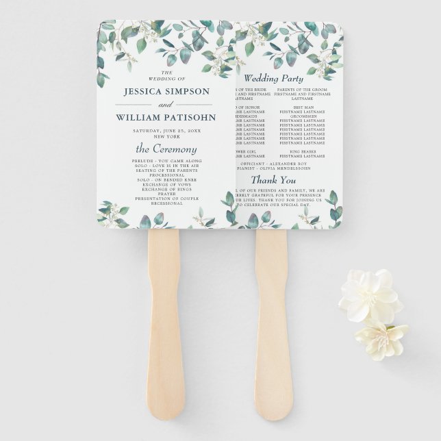 Elegant Watercolor Eucalyptus Wedding Program Hand Fan (Front and Back)