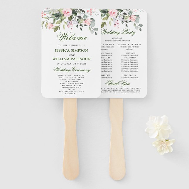 Elegant Watercolor Eucalyptus Wedding Program Hand Fan (Front and Back)