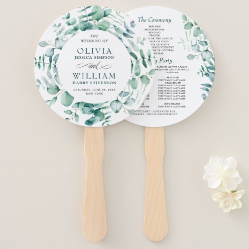 Elegant Watercolor Eucalyptus Wedding Program Hand Fan