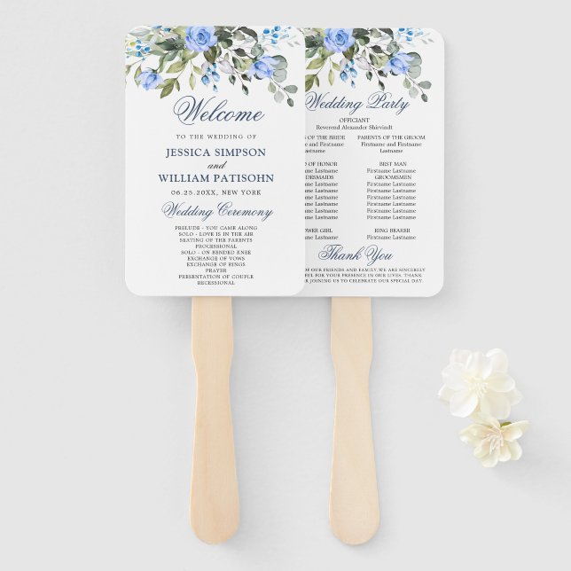 Elegant Watercolor Eucalyptus Wedding Program Hand Fan (Front and Back)