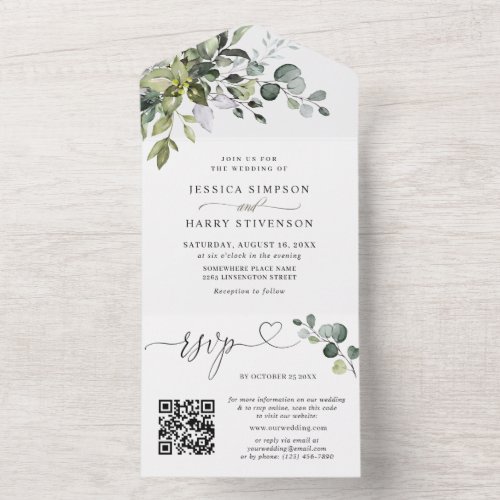 Elegant Watercolor Eucalyptus Wedding QR code All In One Invitation