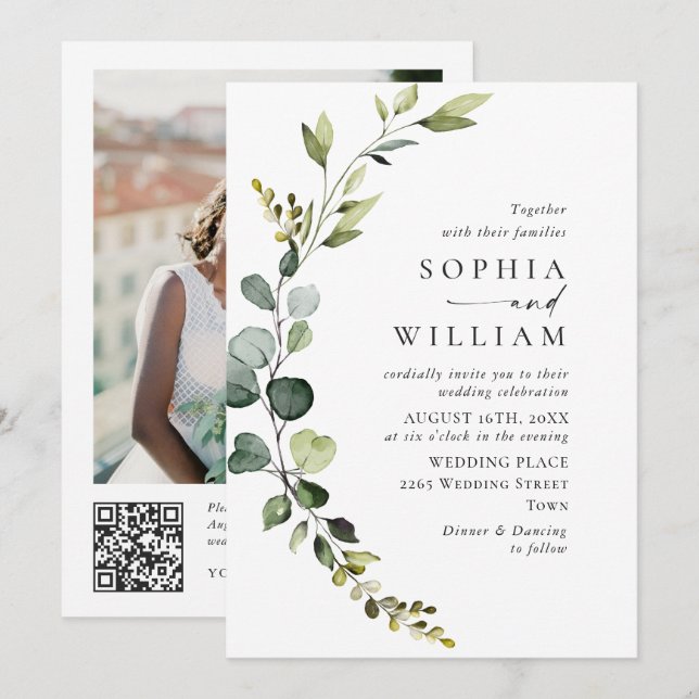 Elegant Watercolor Eucalyptus Wedding QR code Invitation (Front/Back)