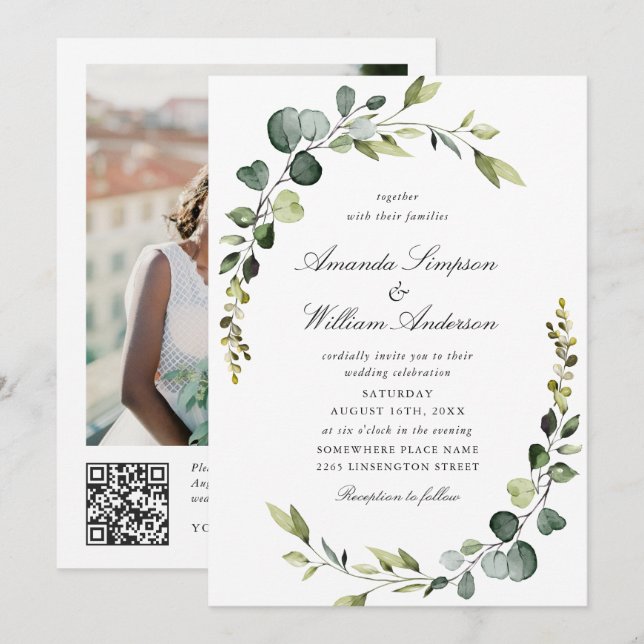 Elegant Watercolor Eucalyptus Wedding QR code Invitation (Front/Back)