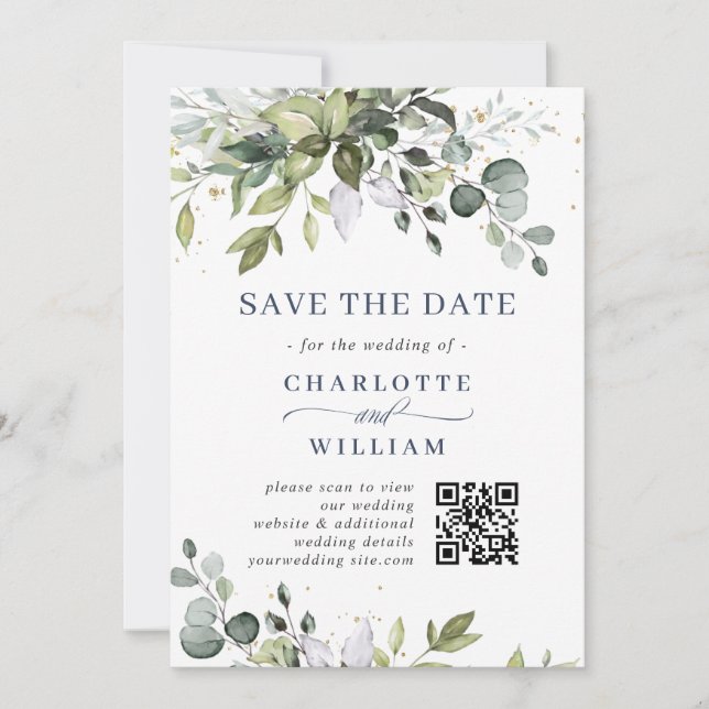 Elegant Watercolor Eucalyptus Wedding QR Code Save The Date (Front)