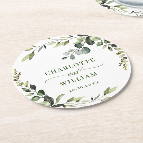 Elegant Watercolor Eucalyptus Wedding Round Round Paper Coaster