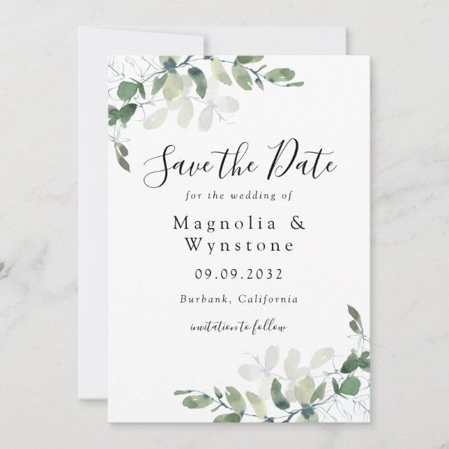 Elegant Watercolor Eucalyptus Wedding Save The Date (Front)