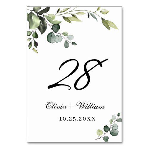 Elegant Watercolor Eucalyptus Wedding Table Number