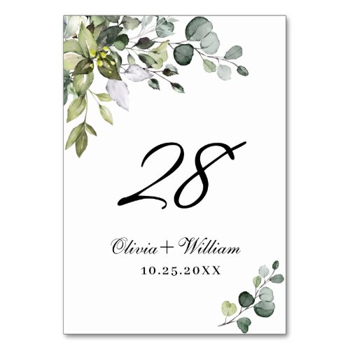 Elegant Watercolor Eucalyptus Wedding Table Number