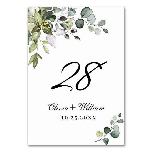 Elegant Watercolor Eucalyptus Wedding Table Number (Front)