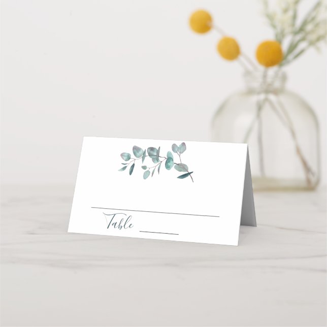 Elegant Watercolor Eucalyptus Wedding Table Place Card (Front)