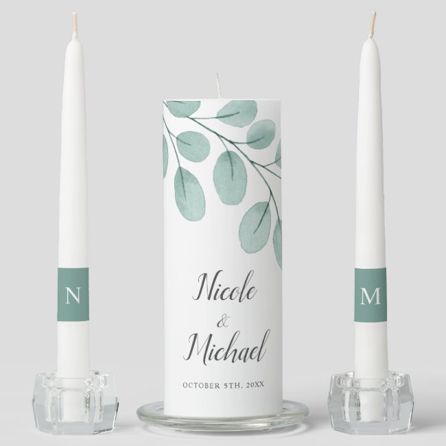 Elegant Watercolor Eucalyptus Wedding Unity Candle Set