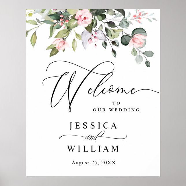 Elegant Watercolor Eucalyptus Wedding Welcome Poster (Front)