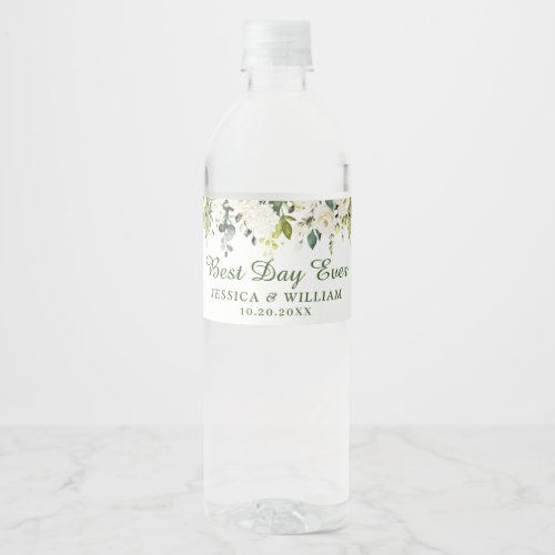 Elegant Watercolor Eucalyptus White Roses Floral Water Bottle Label