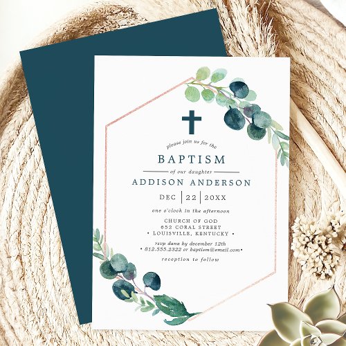 Elegant Watercolor Eucalyptus With Cross Baptism Invitation