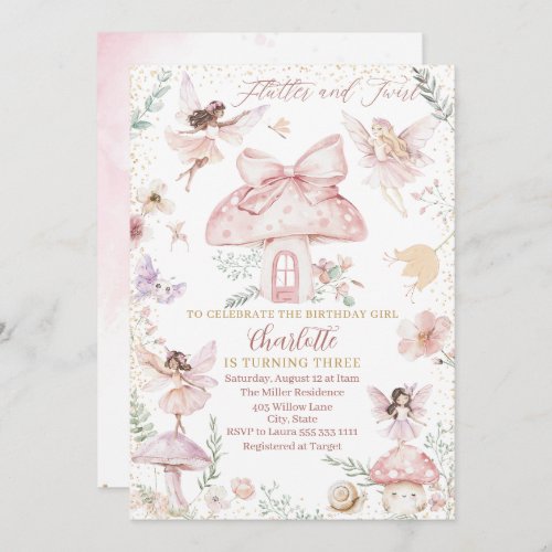 Elegant Watercolor Fairy is turning three Birthday Invitation