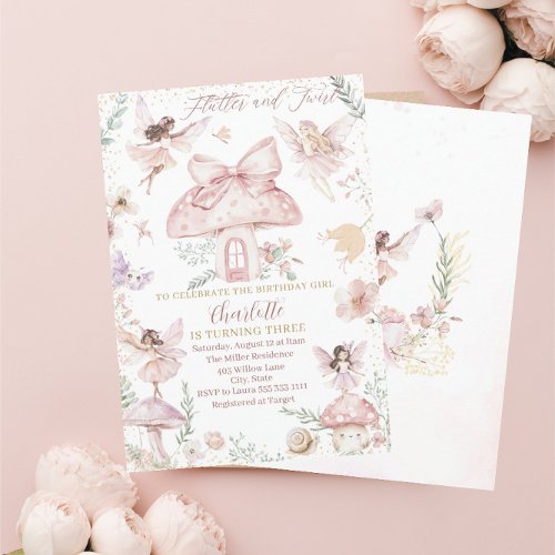 Elegant Watercolor Fairy is turning three Birthday Invitation