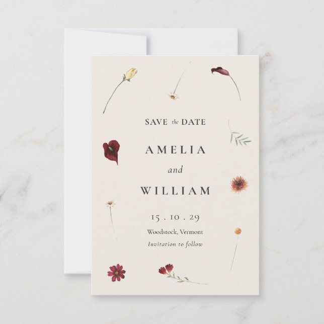 Elegant Watercolor Fall Autumn Wildflower Wedding  Save The Date (Front)