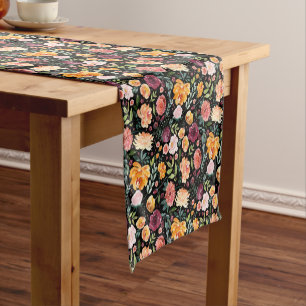 Elegant Watercolor Fall Floral Pattern on Black Short Table Runner
