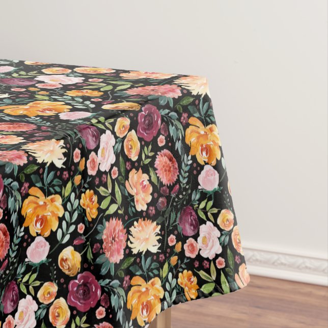 Elegant Watercolor Fall Floral Pattern on Black Tablecloth (In Situ)