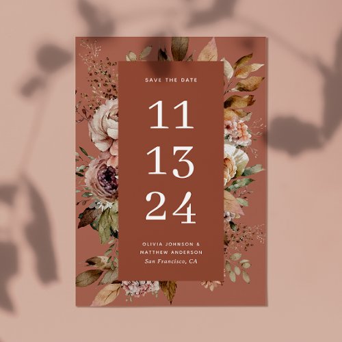 Elegant watercolor fall floral terracotta wedding save the date