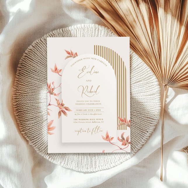 Elegant watercolor fall leaves boho arch gold invitation (Elegant watercolor fall leaves boho arch gold invitation)