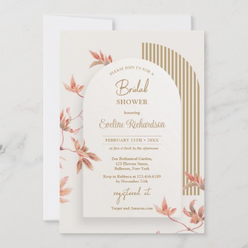 Elegant watercolor fall leaves boho arch gold invitation