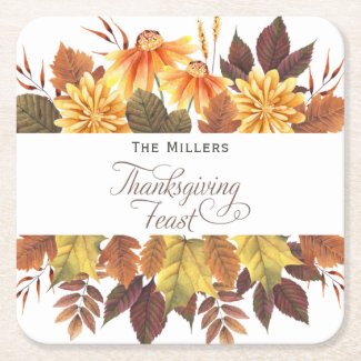 Elegant Watercolor Fall Leaves Thanksgiving Feast 