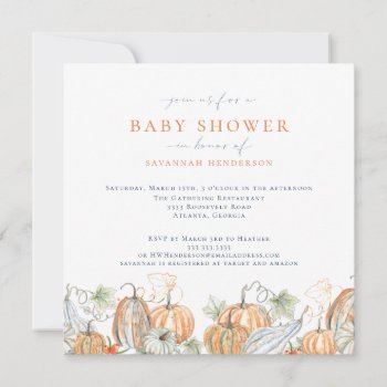 Elegant Watercolor Fall Pumpkin Baby Shower Invitation by BerryPieInvites at Zazzle
