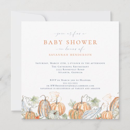 Elegant Watercolor Fall Pumpkin Baby Shower Invitation