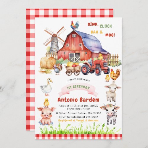 Elegant  Watercolor  Farm Baby  1st birthday Invitation