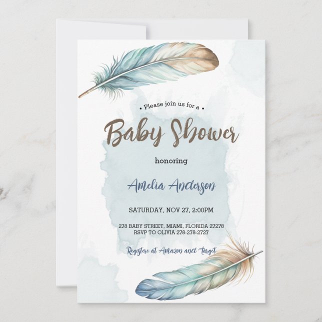 Elegant Watercolor Feathers Baby Shower Invitation (Front)