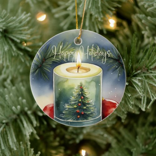 Elegant Watercolor Festive Christmas Tree Candle  Ceramic Ornament