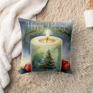 Elegant Watercolor Festive Christmas Tree Candle  Throw Pillow
