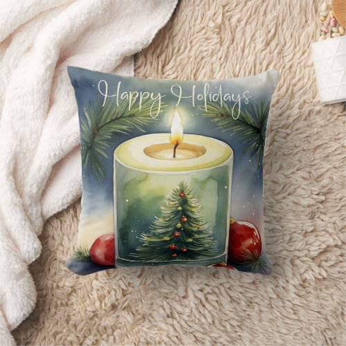 Elegant Watercolor Festive Christmas Tree Candle  Throw Pillow