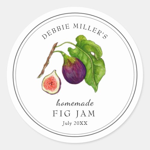 Elegant watercolor Fig on white Jam jar Classic Round Sticker