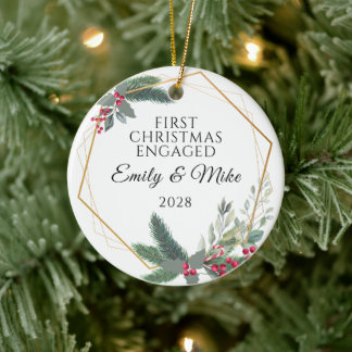 Elegant Watercolor First Christmas Engaged Married Ceramic Ornament