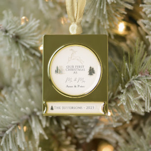 Elegant Watercolor First Christmas Married Gold Plated Banner Ornament