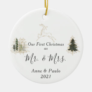 Elegant Watercolor First Christmas Married Photo Ceramic Ornament