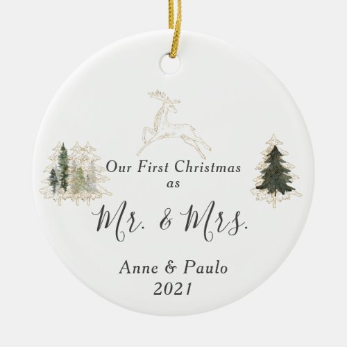 Elegant Watercolor First Christmas Married Photo Ceramic Ornament