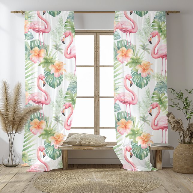  Elegant Watercolor Flamingo & Tropical Floral Pat Sheer Curtains (Creator Uploaded)