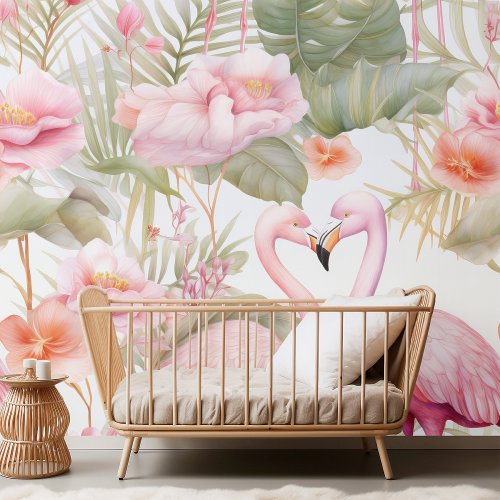 Elegant Watercolor Flamingo  Tropical Floral Patt Wallpaper