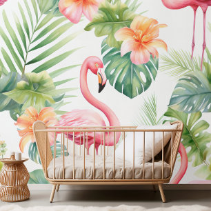 Elegant Watercolor Flamingo & Tropical Floral Patt Wallpaper