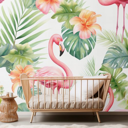 Elegant Watercolor Flamingo  Tropical Floral Patt Wallpaper