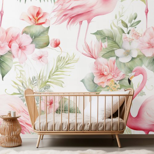 Elegant Watercolor Flamingo  Tropical Floral Patt Wallpaper