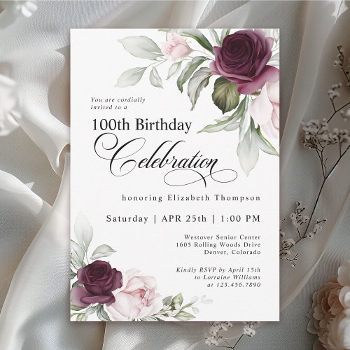 Elegant Watercolor Floral 100th Birthday