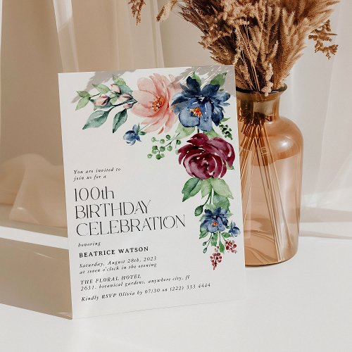 Elegant Watercolor Floral 100th Birthday  Invitation