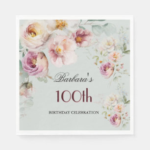 Elegant Watercolor Floral 100th Birthday Party Napkins