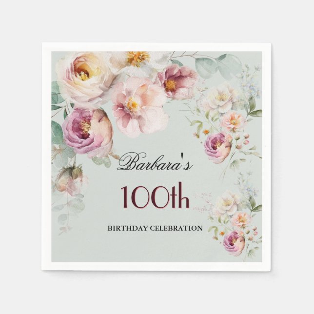 Elegant Watercolor Floral 100th Birthday Party  Napkins (Front)