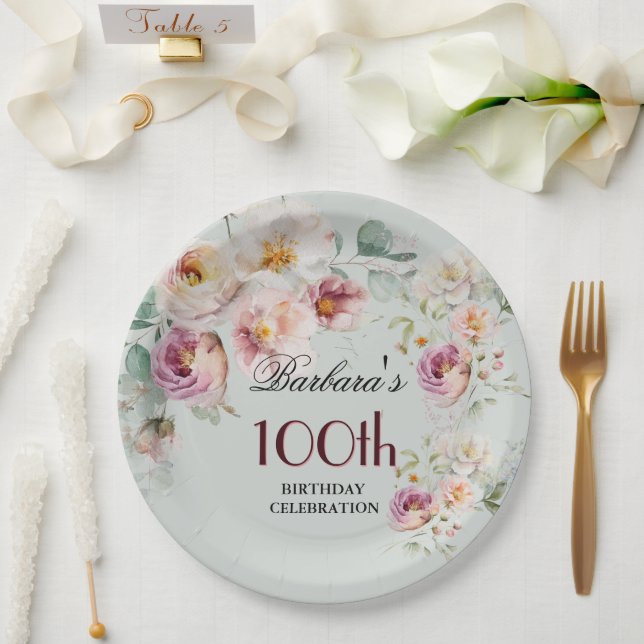 *Elegant Watercolor Floral 100th Birthday Party  Paper Plates (Wedding)