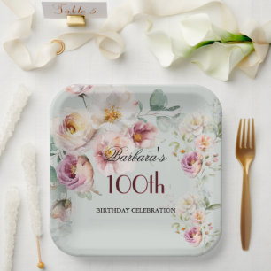 Elegant Watercolor Floral 100th Birthday Party  Paper Plates